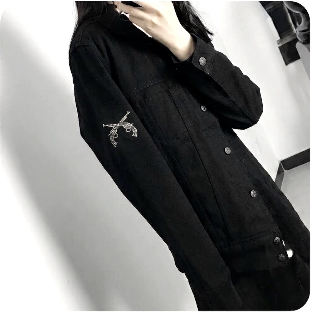 Roar Black Denim Bomber Jacket Rhinestone Crossed Guns Sleeve Rib Knit Trim